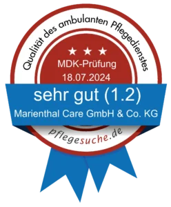 Qualitätssiegel von pflegesuche.de: MDK-Prüfung vom 18.07.2024, Note sehr gut (1,2) für Marienthal Care GmbH & Co. KG
