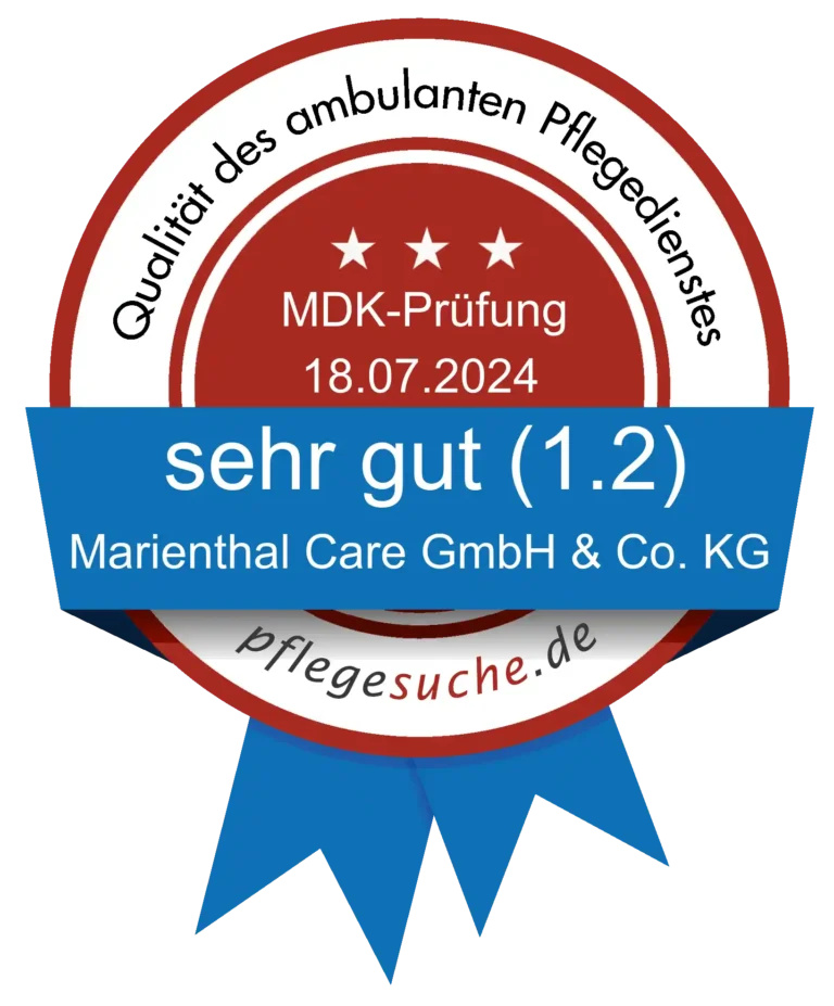 Qualitätssiegel von pflegesuche.de: MDK-Prüfung vom 18.07.2024, Note sehr gut (1,2) für Marienthal Care GmbH & Co. KG