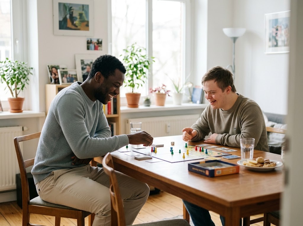 Betreuer spielt mit einem jungen Mann ein Brettspiel