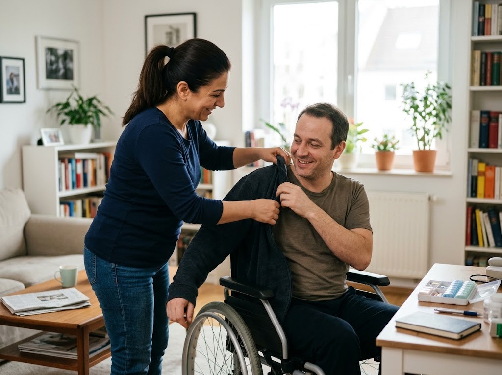 Pflegerin hilft einem Mann mit MS im Rollstuhl in die Jacke