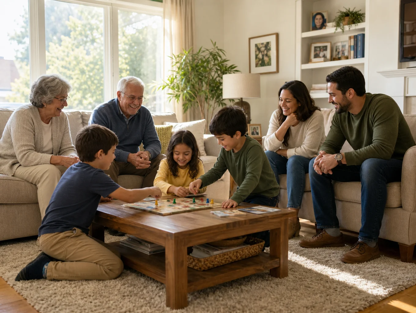 Pflegekraft mit Familie im Wohnzimmer in Hamburg