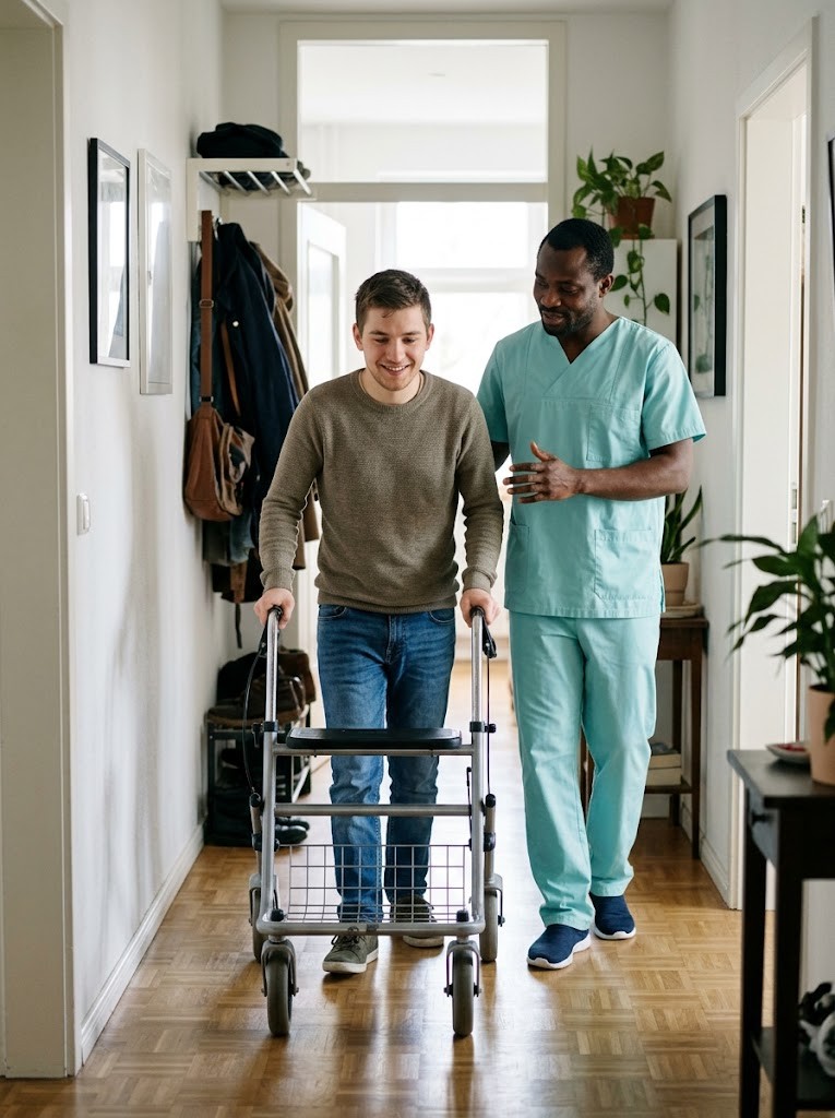 Junger Mann mit Cerebralparese beim Gehtraining mit Rollator
